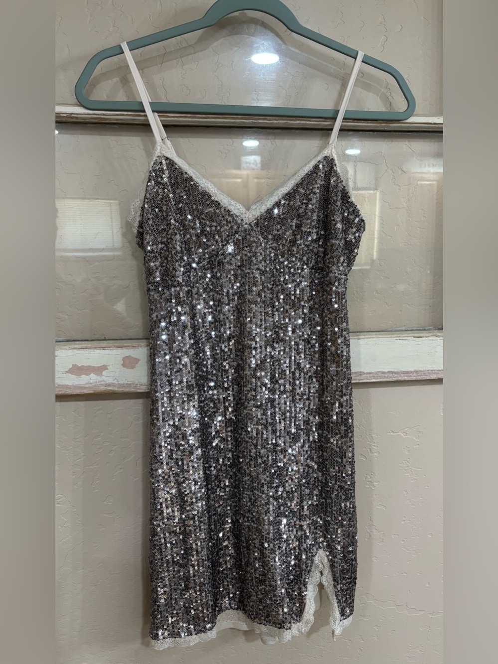 🦄 Glitter Bomb 🦄 Silver Sequin Slip Dress with Lace Trim